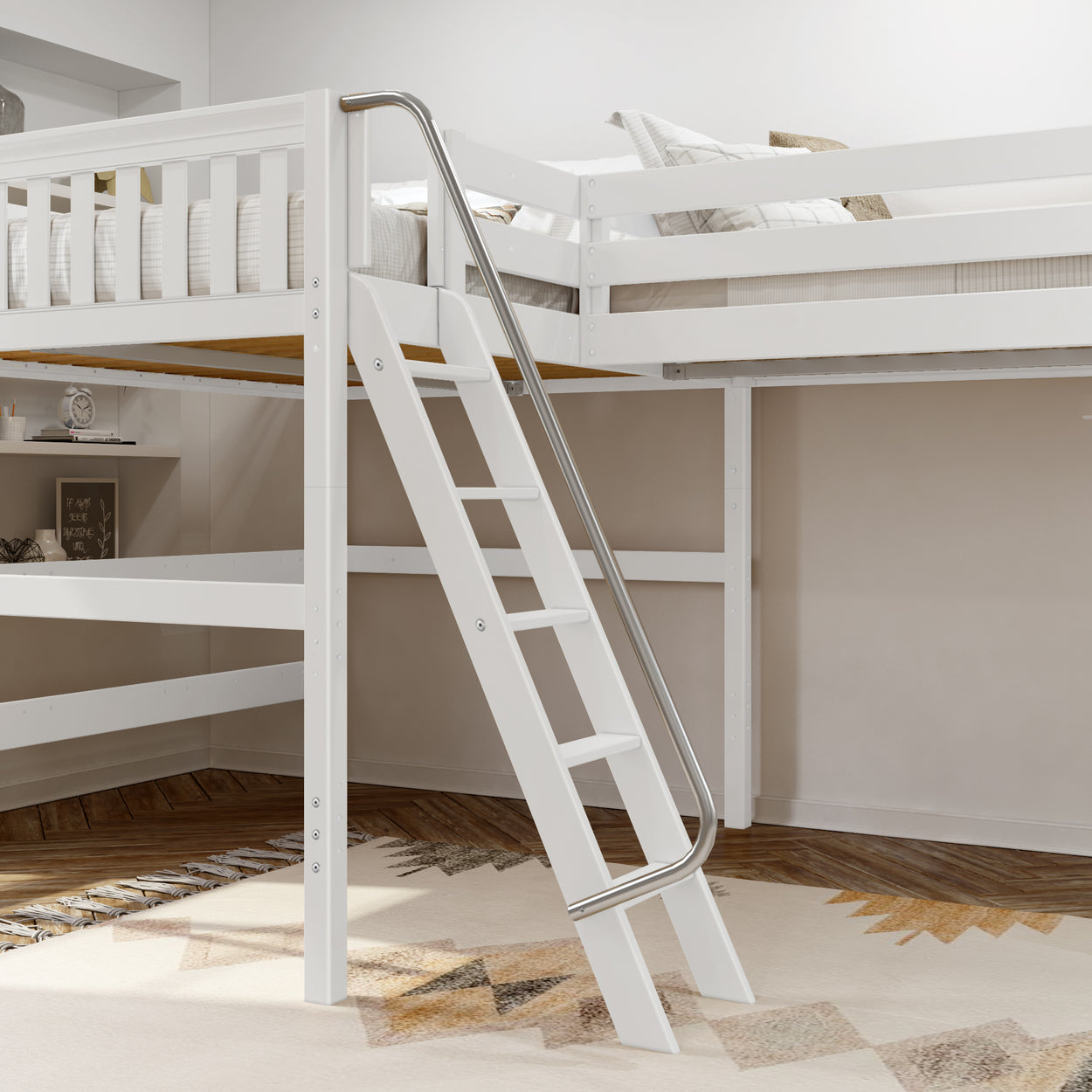 White wooden loft bed with a ladder and safety rail in a modern bedroom setting.