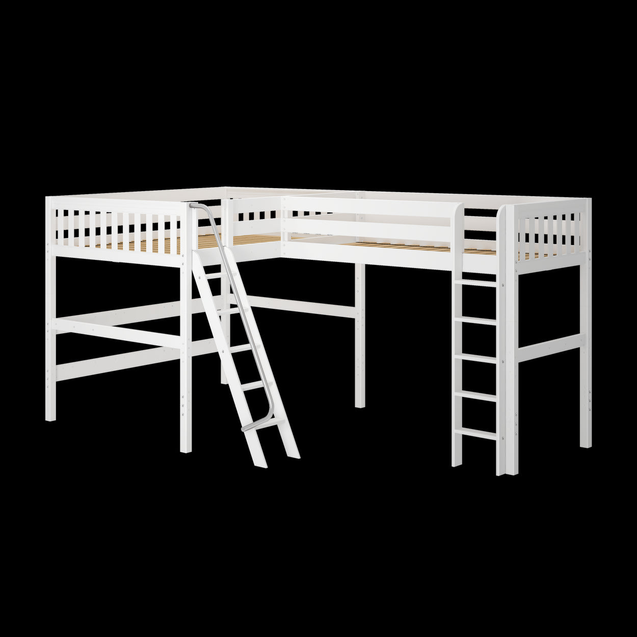 White wooden L-shaped loft bed with ladders and guardrails.