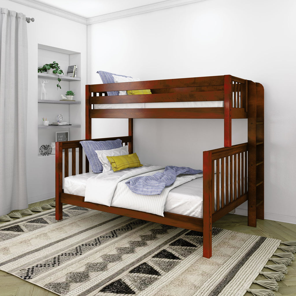 PLUSH XL 1 CS : Staggered Bunk Beds Twin XL over Queen High Bunk Bed with Straight Ladder on End, Slat, Chestnut