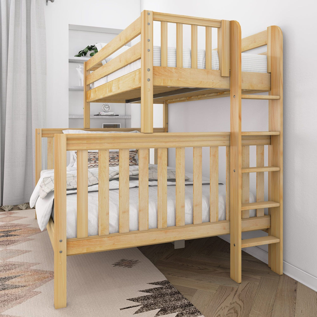 Light natural wood bunk bed with ladder and safety rails in a modern kids' bedroom with white bedding, neutral rug and gray curtains