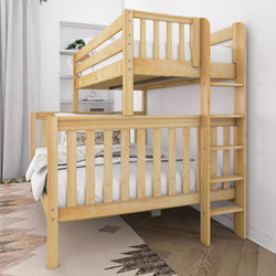 Light natural wood bunk bed with ladder and safety rails in a modern kids' bedroom with white bedding, neutral rug and gray curtains