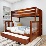 PLUSH XL 1 TR CS : Staggered Bunk Beds Twin XL over Queen High Bunk Bed with Straight Ladder on End and Trundle Bed, Slat, Chestnut