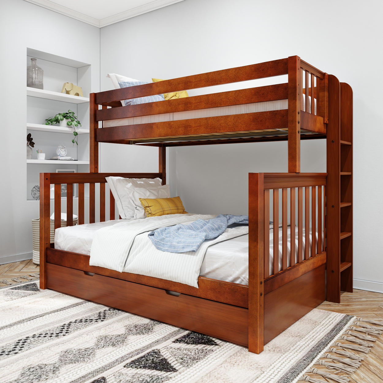 Wooden bunk bed with storage drawers and built-in shelves in a cozy bedroom setting.