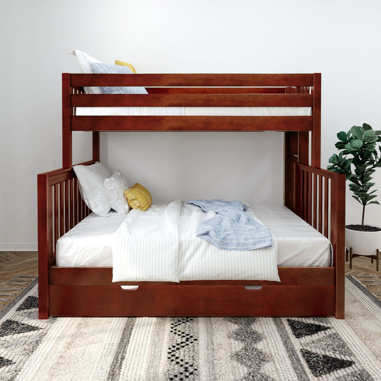 Wooden bunk bed with clean white linens in a modern bedroom setting.