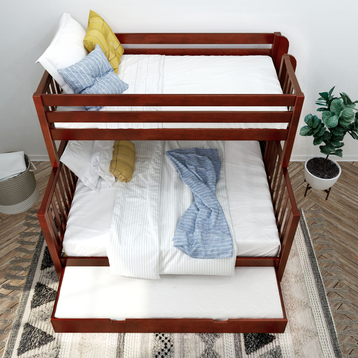 Wooden bunk bed with white bedding and colorful pillows in a modern bedroom setting.