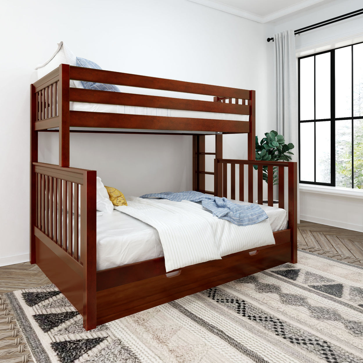 Wooden bunk bed with white and blue bedding in a bright modern bedroom.
