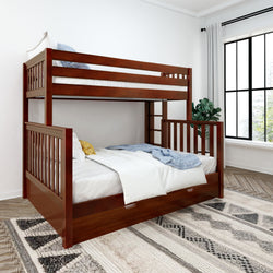 Wooden bunk bed with white and blue bedding in a bright modern bedroom.