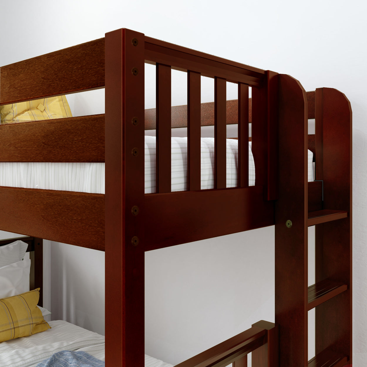 Wooden bunk bed with a brown finish featuring integrated ladder design, white bedding, and decorative pillows in a modern bedroom setting.