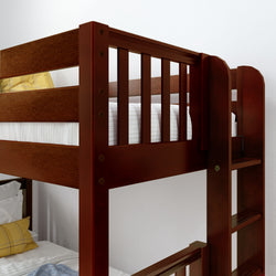 Wooden bunk bed with a brown finish featuring integrated ladder design, white bedding, and decorative pillows in a modern bedroom setting.