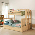 Natural wood twin-over-full bunk bed with ladder and under-bed storage in a bright kids' bedroom, styled with green bedding, plush toy and toy-filled shelf