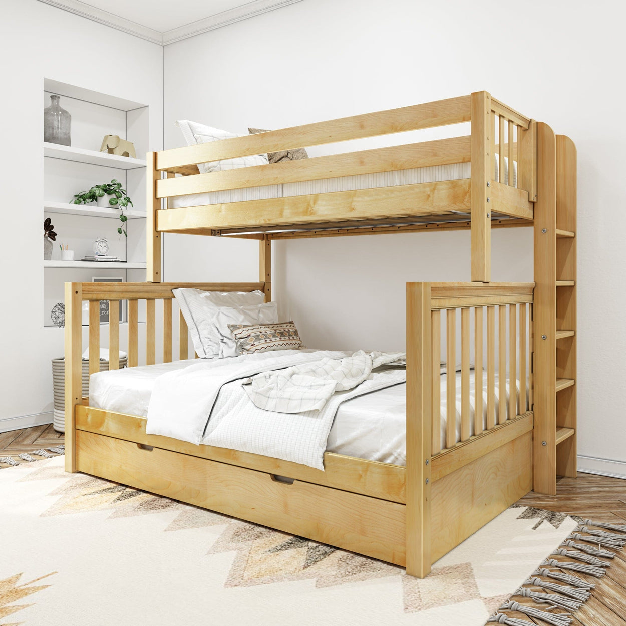 Natural wood two-tier bunk bed with ladder, under-bed storage drawer and white bedding in a bright modern kids' bedroom with built-in shelves