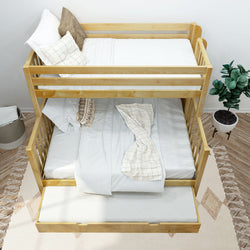 Wooden bunk bed with comfortable white bedding in a modern bedroom setup.
