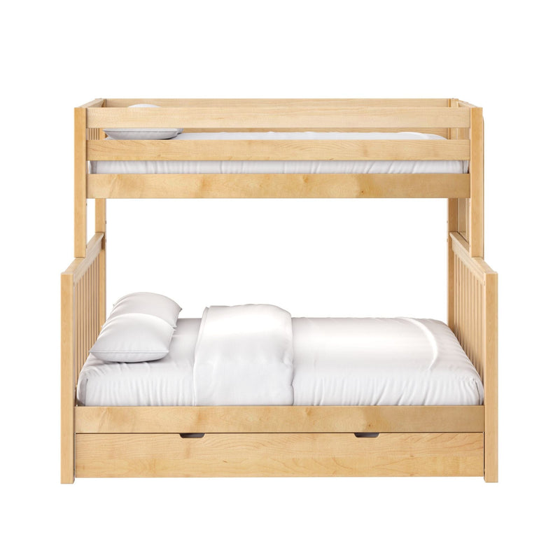 Light wood twin-over-twin bunk bed with guardrails, white bedding and pillows, and built-in under-bed storage drawers on a white background