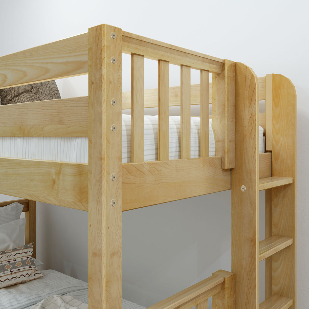 Wooden bunk beds with natural finish and ladder in a minimalist bedroom setting.