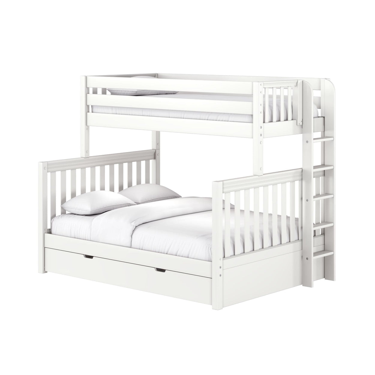 White wooden twin-over-full bunk bed with ladder, safety rails, white bedding and under-bed storage drawer