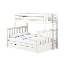 White wooden twin-over-full bunk bed with ladder, safety rails, white bedding and under-bed storage drawer