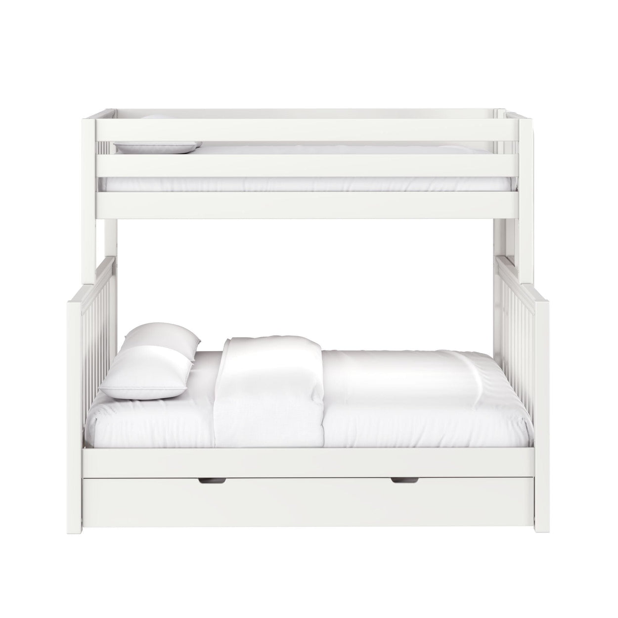 White wooden bunk bed with upper guardrail, lower bed and under-bed storage drawer with white bedding — modern kids' bedroom furniture
