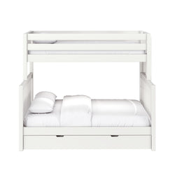 White wooden bunk bed with upper guardrail, lower bed and under-bed storage drawer with white bedding — modern kids' bedroom furniture