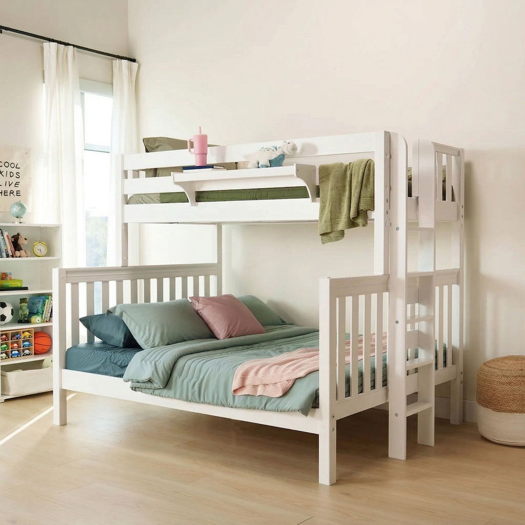 White wooden twin-over-full bunk bed in bright kids' bedroom with green bedding, ladder, toy shelf and natural light.