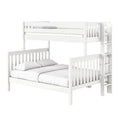 White wooden twin-over-full bunk bed with ladder and slatted rails, modern loft-style space-saving kids bed with mattress and pillows