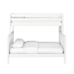 White wooden loft bunk bed frame with upper guardrails and full-size lower bed dressed in white bedding — modern kids' bed