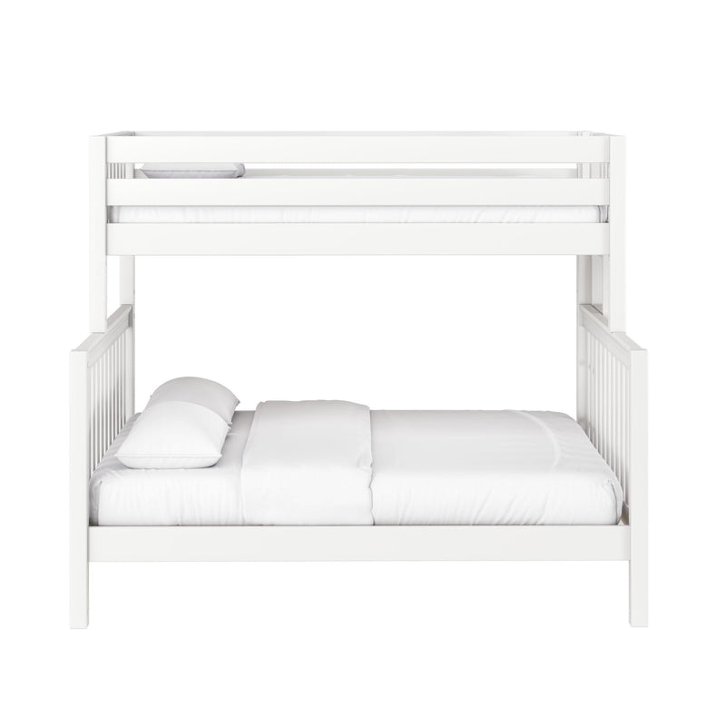 White wooden loft bunk bed frame with upper guardrails and full-size lower bed dressed in white bedding — modern kids' bed