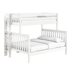 White wooden twin-over-full bunk bed with safety rails and side ladder, white mattress and pillows — modern kids' loft bed for small bedrooms