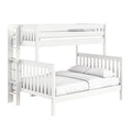 White wooden twin-over-full bunk bed with safety rails and side ladder, white mattress and pillows — modern kids' loft bed for small bedrooms