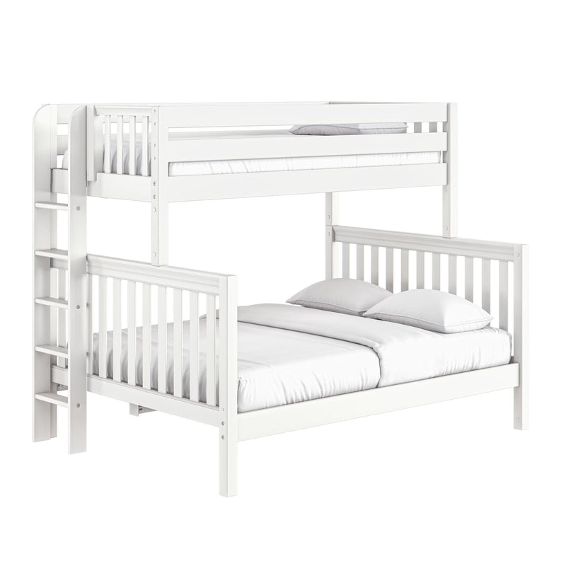 White wooden twin-over-full bunk bed with safety rails and side ladder, white mattress and pillows — modern kids' loft bed for small bedrooms