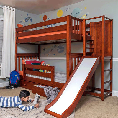 POOF CS : Play Bunk Beds Twin High Bunk Bed with Slide Platform, Slat, Chestnut