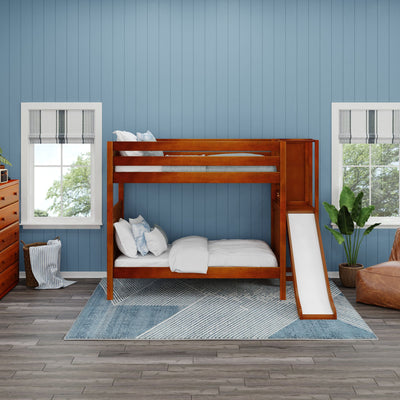 POOF XL CP : Play Bunk Beds Twin XL High Bunk Bed with Slide Platform, Panel, Chestnut
