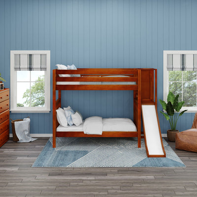 POOF XL CS : Play Bunk Beds Twin XL High Bunk Bed with Slide Platform, Slat, Chestnut