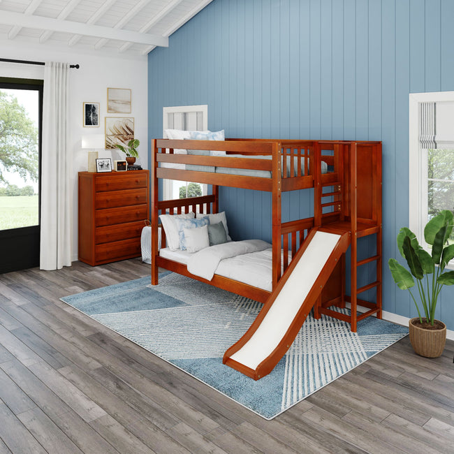 POOF XL CS : Play Bunk Beds Twin XL High Bunk Bed with Slide Platform, Slat, Chestnut
