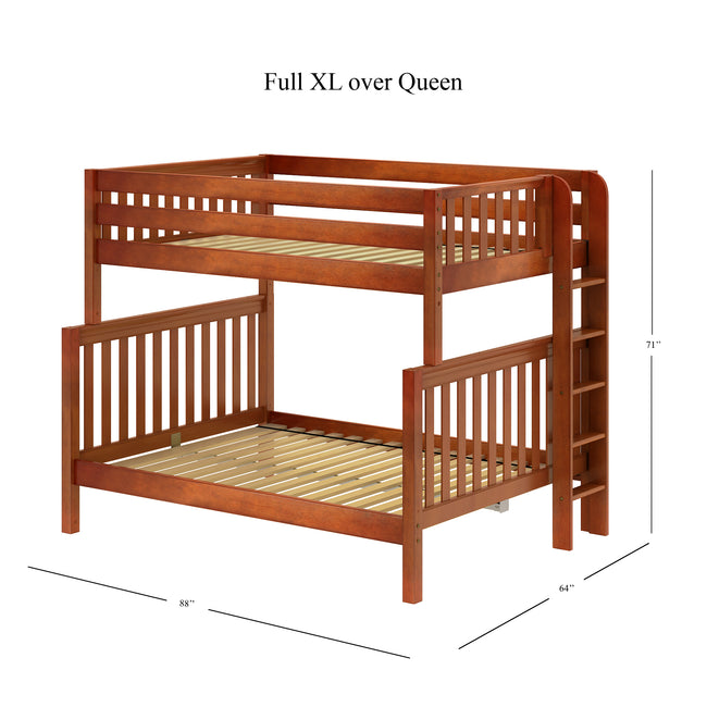 POSH XL 1 CS : Staggered Bunk Beds High Full XL over Queen Bunk Bed, Slat, Chestnut