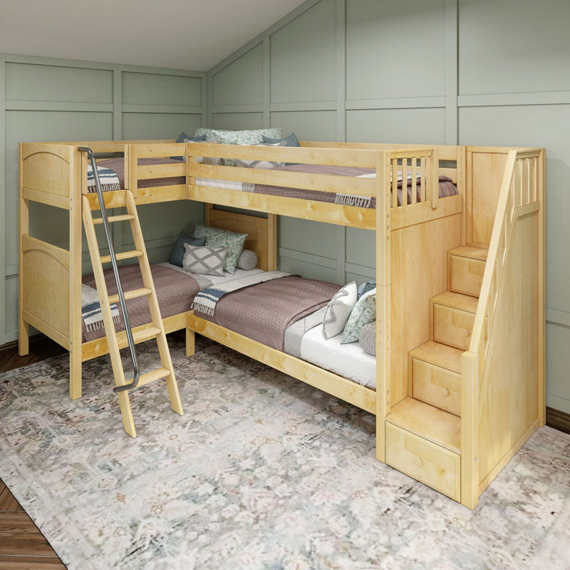 Light wood L-shaped bunk bed with built-in staircase storage, ladder, neutral bedding and sage green paneled wall in children's bedroom