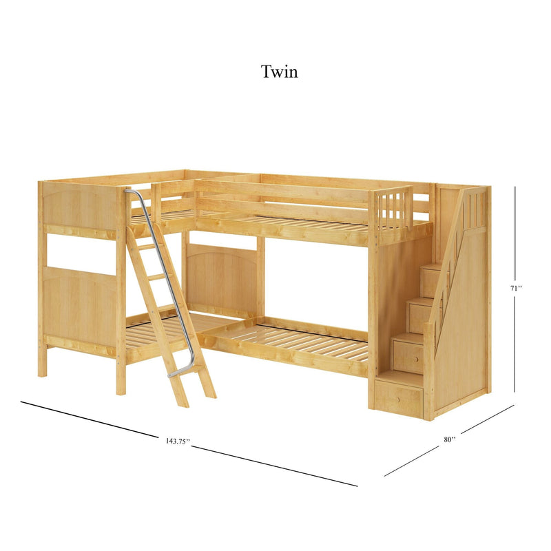 Solid wood twin-over-twin loft bunk bed in natural maple finish with metal ladder and built-in staircase storage drawers, space-saving kids bedroom solution, dimensions 143.75 in L x 80 in W x 71 in H