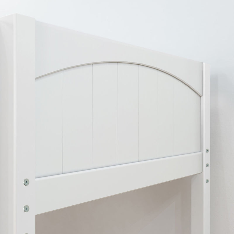 White wooden bunk bed guardrail close-up with curved top rail and vertical slats, modern farmhouse nursery and bedroom furniture detail