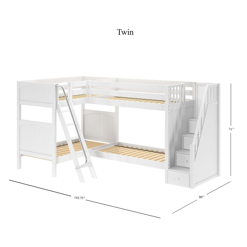 White wooden twin loft bunk bed with ladder, integrated staircase with storage drawers and slatted mattress supports, 143.75 in L x 80 in W x 71 in H