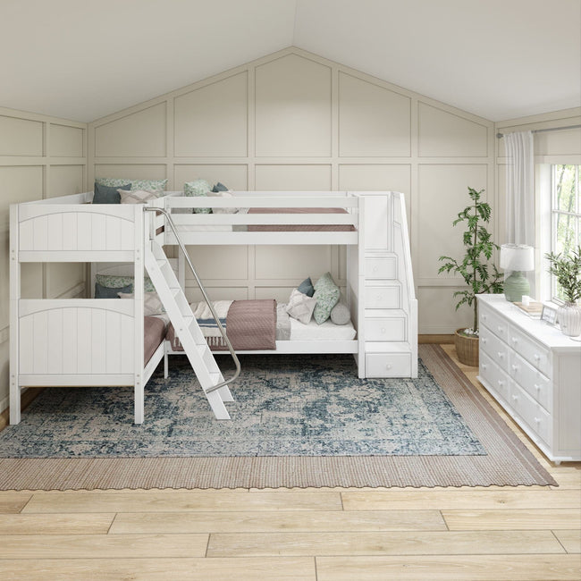 QUAD WP : Multiple Bunk Beds Twin High Corner Bunk Bed with Angled Ladder and Stairs on Right, Panel, White