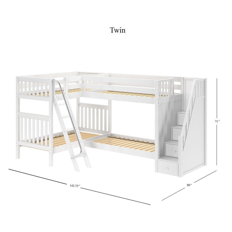 White L-shaped twin loft bunk bed with ladder and built-in storage staircase, wooden slat mattress supports, space-saving kids' bedroom furniture, dimensions 143.75 in × 80 in × 71 in