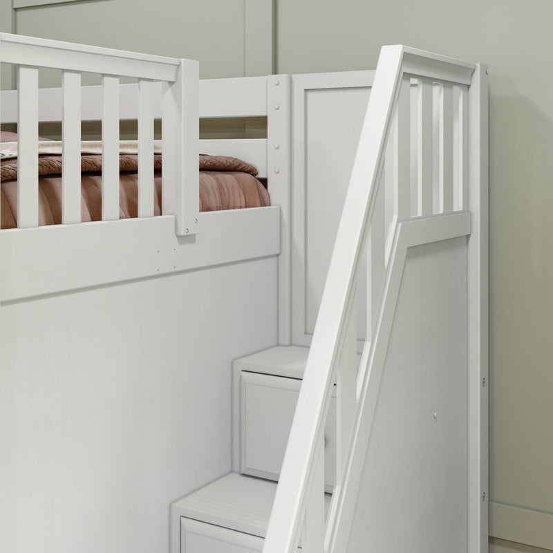 White wooden loft bunk bed close-up showing built-in storage stairs, slatted safety rails and brown bedding against pale green wall — modern kids bedroom furniture