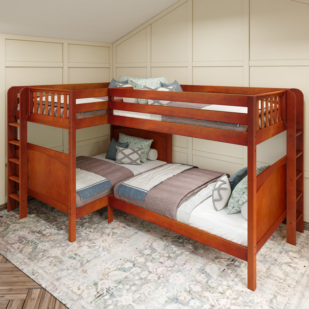 L-shaped wooden bunk bed with brown and beige bedding in a cozy bedroom.