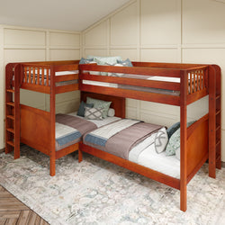L-shaped wooden bunk bed with bedding in a cozy room.