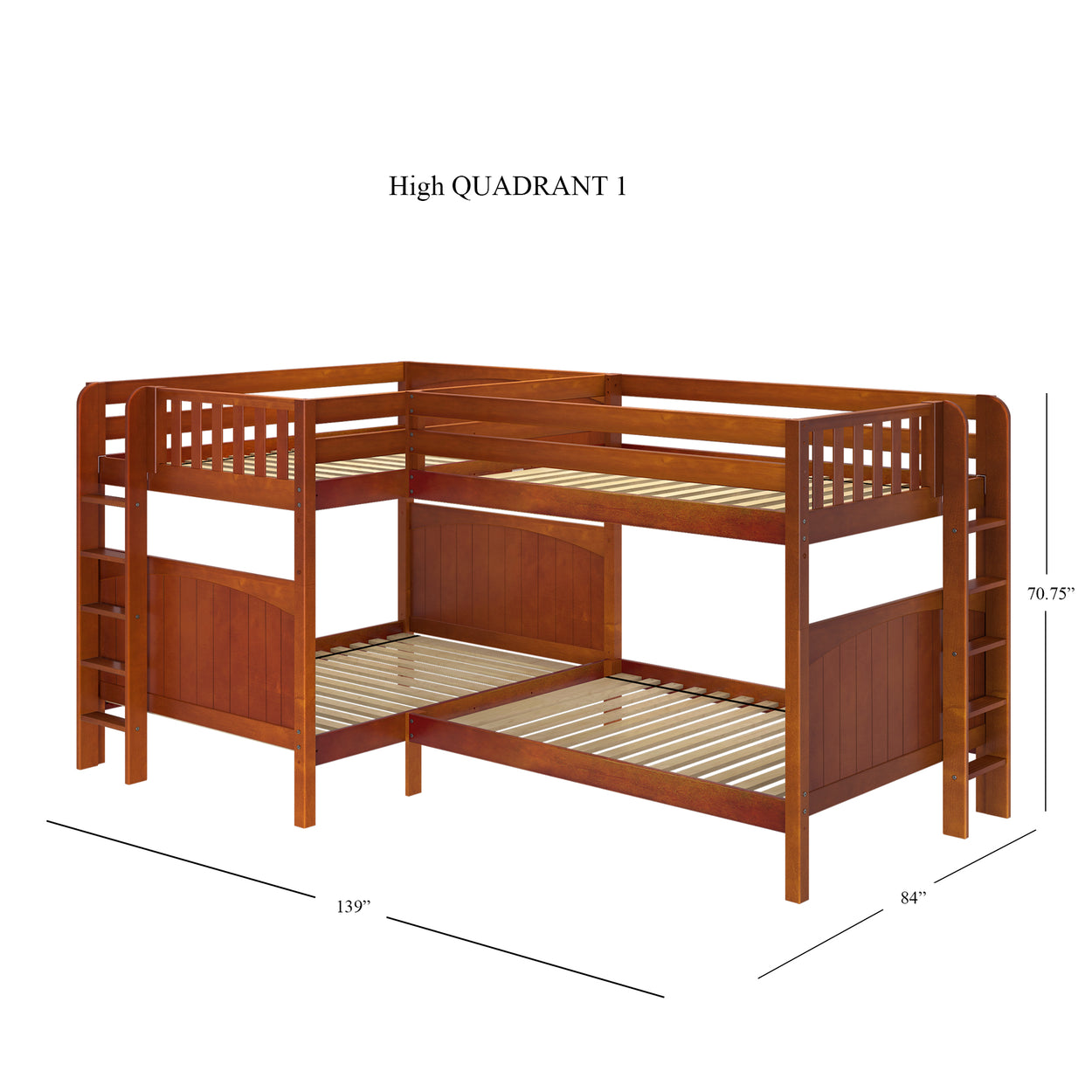 L-shaped wooden bunk bed with measurements, featuring ladders and railings.