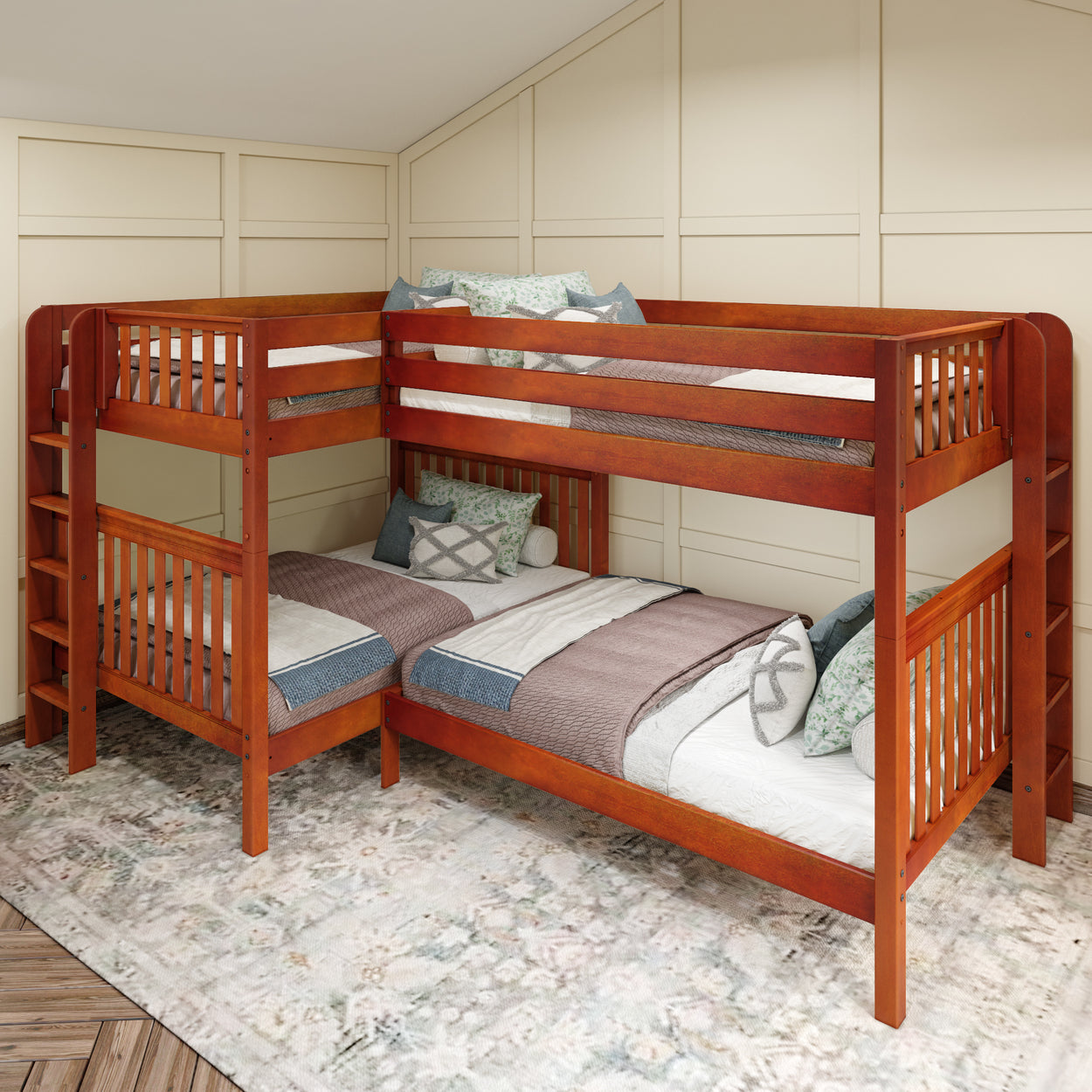 Wooden L-shaped bunk bed with mattresses and pillows in a cozy bedroom setting.