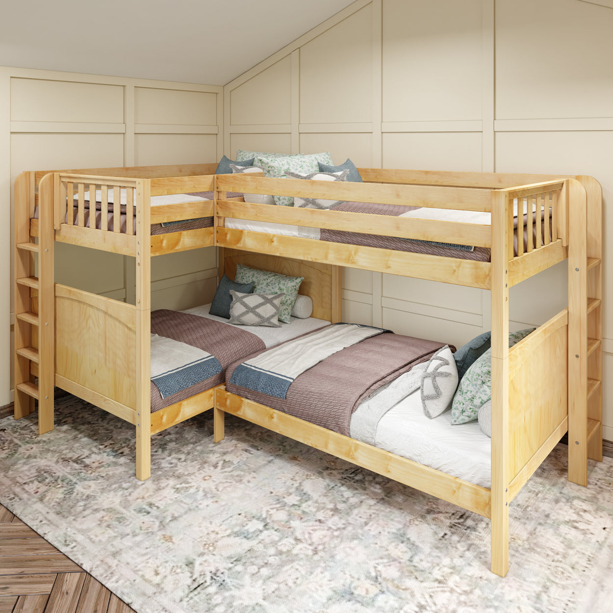 Corner bunk bed with wooden frame and cozy pillows in a stylish bedroom setting.