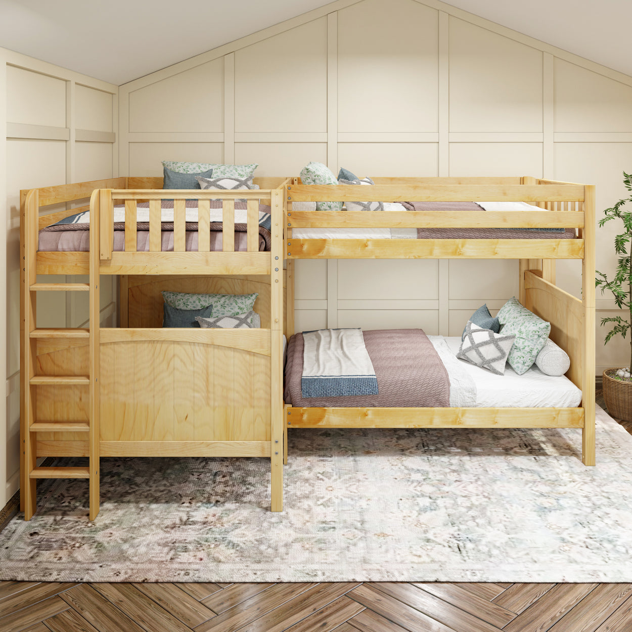 Wooden corner bunk bed with cozy pillows and decor in a bright, modern bedroom.