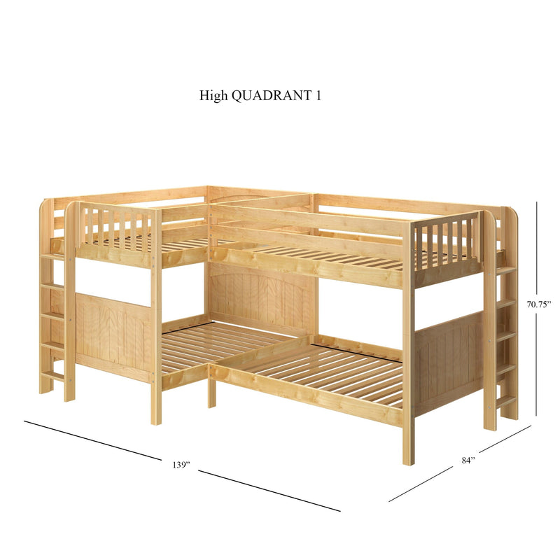 L-shaped light wood bunk bed corner configuration with twin slatted platforms, integrated ladders and shelving, natural wood finish, 139″ x 84″ footprint and 70.75″ height