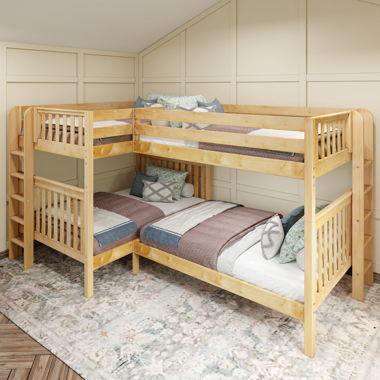 Four-person wooden L-shaped bunk bed with cozy bedding in a modern bedroom setting.
