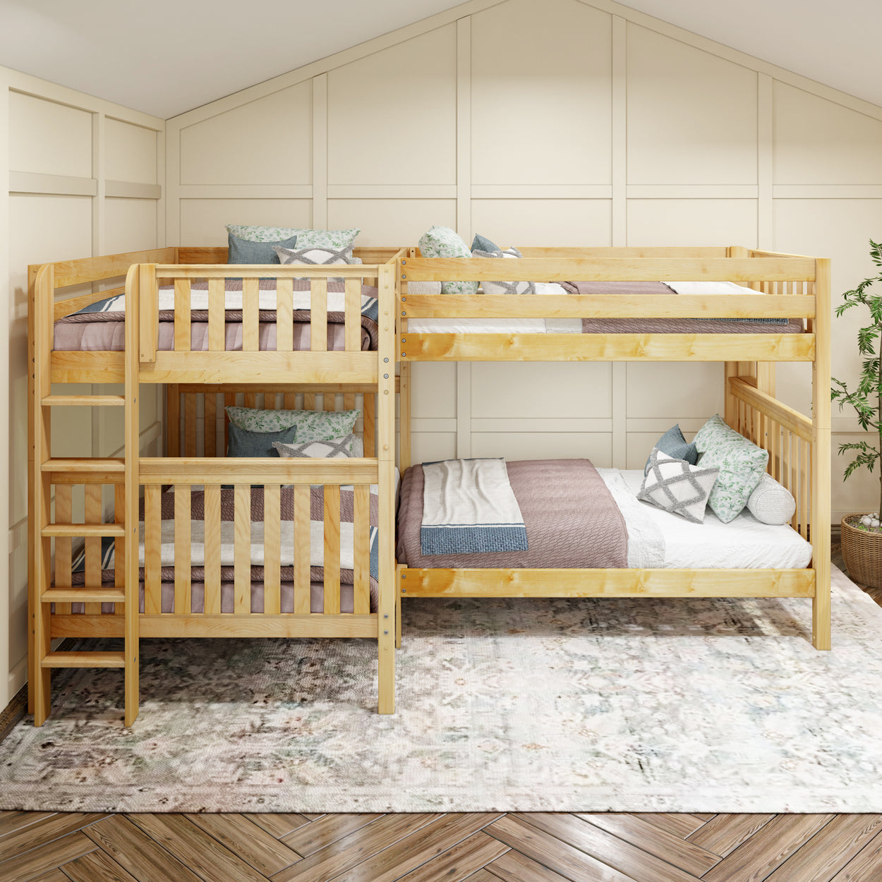 Wooden triple bunk bed with storage in a cozy bedroom setting.